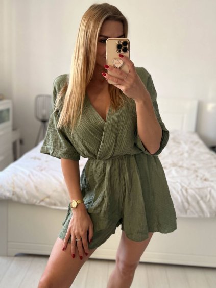 Overal krátký letní mušelín krátký rukáv dámský (S/M/L ONE SIZE) ITALSKÁ MÓDA IM424425/DU (Velikost M/L, Barva béžová)