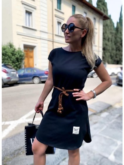 Šaty sportovní s páskem letní krátký rukáv dámské (M/L ONE SIZE) ITALSKÁ MÓDA IMD22065/DR (Velikost M/L, Barva Černá)