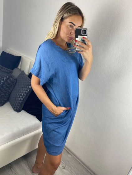 Šaty klasik riflové krátký rukáv dámské (L/2XL ONE SIZE) ITALSKá MóDA IM721022/DR (Velikost XL/2XL, Barva světle modrá)