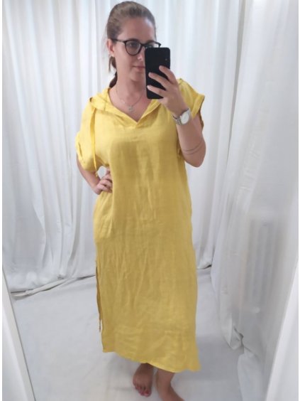 Šaty oversize s kapucí lněné krátký rukáv dámská nadrozměr (L/XL/2XL ONE SIZE) ITALSKá MóDA IM522181 (Velikost XL/2XL, Barva žlutá)
