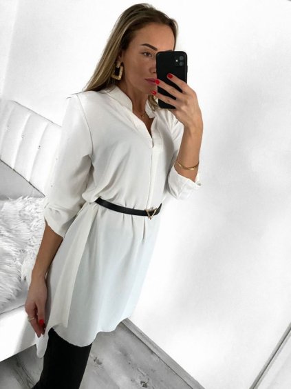 Tunika košilová dlouhý rukáv dámská (S/M/L ONE SIZE) ITALSKÁ MÓDA IMM24M3297/DUR (Velikost M/L, Barva bílá)