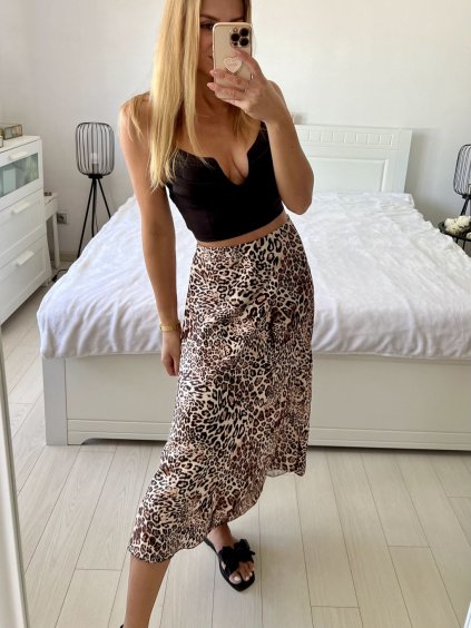 Sukně středně dlouhá saténová dámská (S/M ONE SIZE) ITALSKÁ MÓDA IMM24M6886B/DUR (Velikost S/M/L, Barva hnědá leopard)