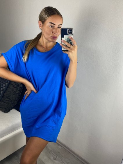 Šaty klasik bavlněné krátký rukáv dámské (S/M/L ONE SIZE) ITALSKÁ MÓDA IM324042/DU (Velikost M/L, Barva modrá)