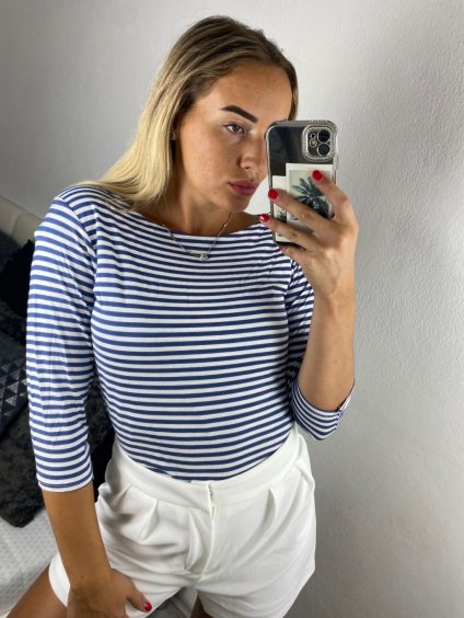 Tričko 3/4 dlouhý rukáv dámské proužek (S/M ONE SIZE) ITALSKá MóDA IMO028 IM524053/DUR (Velikost S/M/L, Barva modrá)