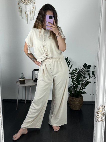 Souprava letní tunika  a kalhoty dámské (S/M ONE SIZE) ITALSKá MóDA IM424543/DR (Velikost S/M/L, Barva béžová)