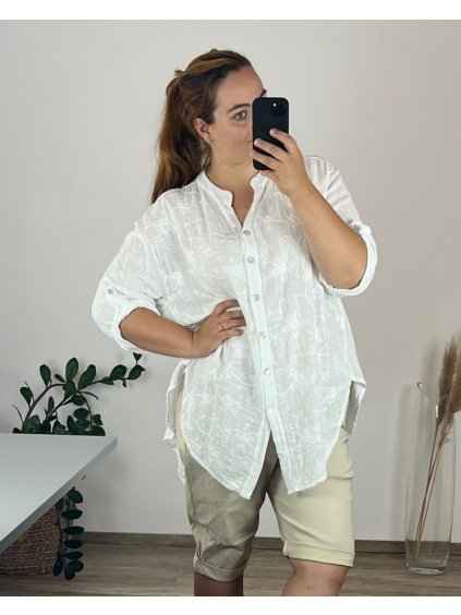 Košile bavlněná dlouhý rukáv dámská nadrozměr (56/58 ONE SIZE) ITALSKá MODA IMSM24032/DUR (Velikost 56/58, Barva bílá)