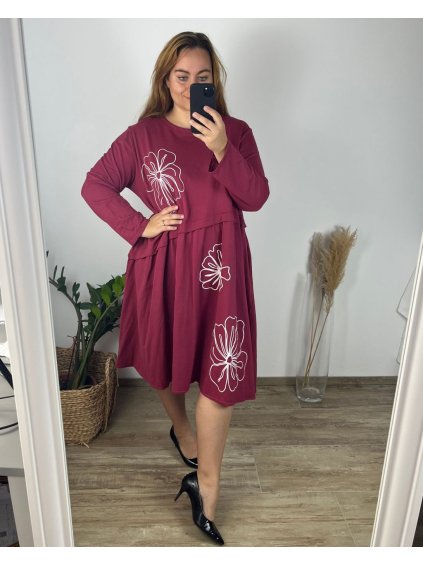 Šaty dlouhé volnočasové dlouhý rukáv dámské nadrozměr (56/58 ONE SIZE) ITALSKÁ MÓDA IMSM24609/DU (Velikost 56/58, Barva vínová)