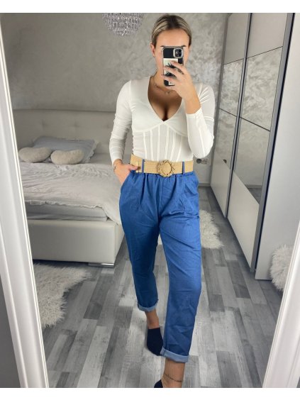 Kalhoty s páskem  dlouhé  dámské (S/M ONE SIZE) ITALSKá MODA IM424BELTINA/DR (Velikost S/M, Barva modrá)