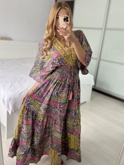 Šaty dlouhé letní zavinovací indické krátký rukáv dámské (S/M/L ONE SIZE) INDICKÁ MÓDA IMWKA24567-4/DUR (Velikost M/L, Barva růžová)