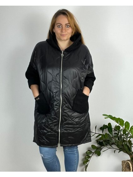 Bunda zimní s kapucí dlouhý rukáv dámská nadrozměr (54/56/58 ONE SIZE) ITALSKÁ MÓDA IMD24436/DR (Velikost 56/58, Barva Černá)