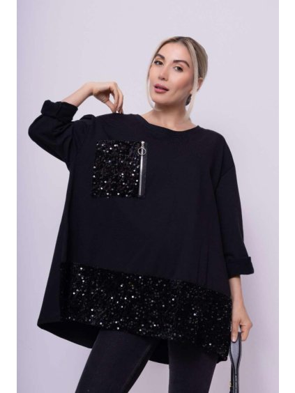 Tunika s flitry teplá dlouhý rukáv dámská  (42/44/46 ONE SIZE) ITALSKÁ MÓDA IMWMY2439317 (Velikost 42/44/46, Barva Černá)