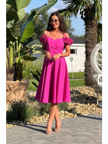 Šaty elegantní společenské na ramínka dámské (34-42) POLSKÁ MÓDA PMLEL24FLOWER3 (Velikost 34, Barva růžová fuchsiová)