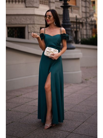 Šaty dlouhé elegantní společenské na ramínka dámské (34-42) POLSKÁ MÓDA PMLEL24FLOWERB1 (Velikost 34, Barva tmavě zelená)