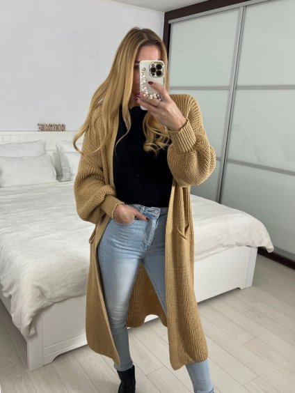 Cardigan pletený dlouhý rukáv dámský (S/M/L ONE SIZE) ITALSKÁ MÓDA IMWBL24050/DU (Velikost S/M/L, Barva hnědá)