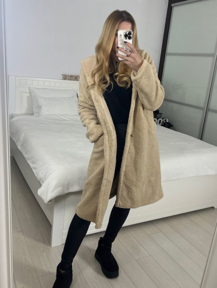 Kabát beránkový s kapucí dlouhý rukáv dámský (S/M/L ONE SIZE) ITALSKÁ MÓDA IMWDD24257/DU (Velikost S/M/L, Barva béžová)