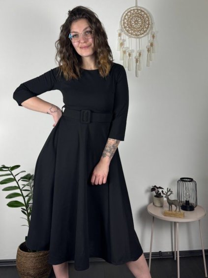 Šaty elegantní s páskem dlouhý rukáv dámské (S/M/L ONE SIZE) ITALSKÁ MÓDA IM424802 (Velikost S/M/L, Barva Černá)