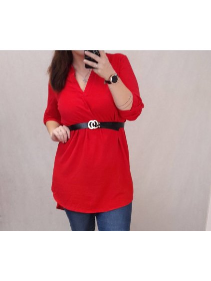 Tunika prodloužená/Šaty s páskem dlouhý rukáv dámská nadrozměr (XL/2XL ONE SIZE) ITALSKÁ MÓDA IMC22112/DUR (Velikost XL/2XL, Barva červená)