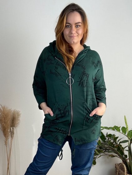 Mikina slabá na zip s kapucí dlouhý rukáv dámská (54/56/58) ONE SIZE) ITALSKÁ MÓDA IMB22190/DUR (Velikost 54/56, Barva Černá)