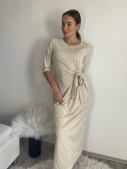 Šaty dlouhé dlouhý rukáv dámské (S/M/L ONE SIZE) ITALSKá MóDA IM525001/DU (Velikost S/M, Barva béžová)