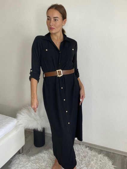 Šaty košilové s páskem dlouhý rukáv dámské (S/M/L ONE SIZE) ITALSKÁ MÓDA IMWB24250 (Velikost S/M/L, Barva Černá)