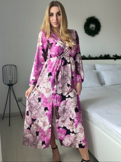 Šaty letní elegantní dlouhý rukáv dámské (S/M ONE SIZE) ITALSKÁ MÓDA IMD25LUCY/DUR (Velikost S/M, Barva růžová fuchsiová)