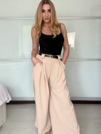 Kalhoty elegantní s páskem dámské ISABELA (S/M/L ONE SIZE) ITALSKÁ MÓDA IMD25006/DUR (Velikost S/M/L, Barva béžová)