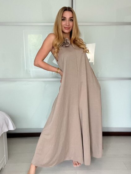 Overal dlouhý elegantní letní bez rukávu dámský VANESA (S/M/L ONE SIZE) ITALSKÁ MÓDA IMWAD25555/DU (Velikost S/M/L, Barva béžová)