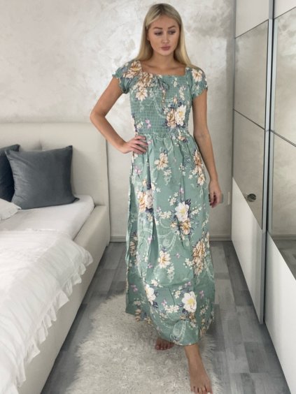 Šaty letní květinové carmen krátký rukáv dámské CARMEN (M/L-XL/2XL) IMWGDB2123/DUR (Velikost M/L, Barva světle mintová)
