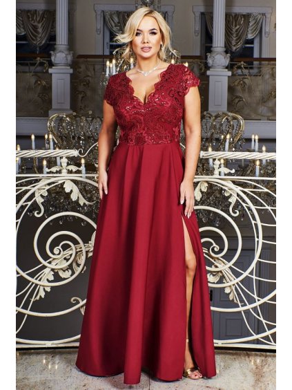 Šaty dlouhé elegantní společenské krátký rukáv dámské nadrozměr (36-56) POLSKÁ MÓDA PMLBF23CRYSTAL1990/DR (Velikost 46, Barva vínová)