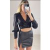 Top croptop třpytivý s flitry dlouhý rukáv dámský (S/M ONE SIZE) ITALSKÁ MÓDA IMPBB22O5200/DUR (Velikost S/M/L, Barva Černá)