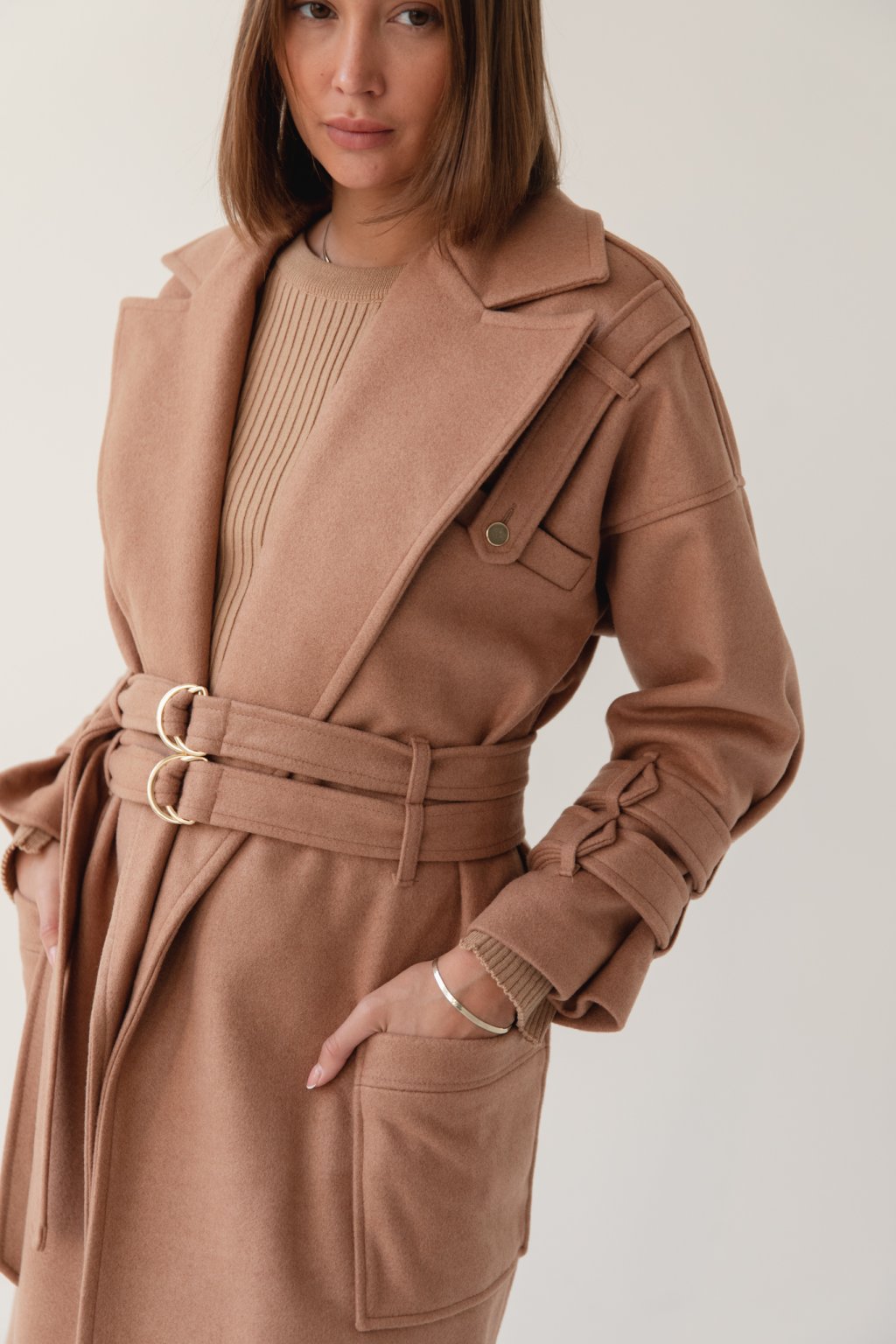 Oversize vlněný kabát s dvojitým opaskem – CA-store – Elegantní dámská móda
