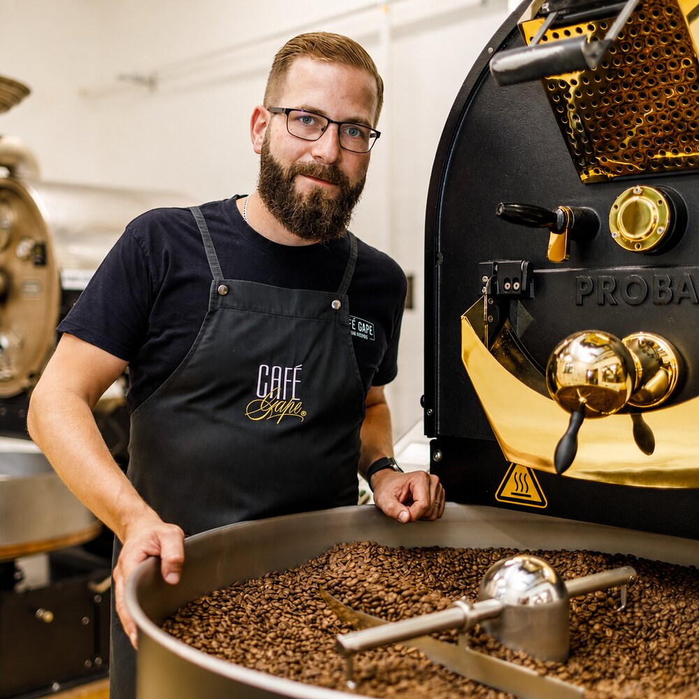 Pražič Café Gape u pražičky s čerstvě upraženou kávou
