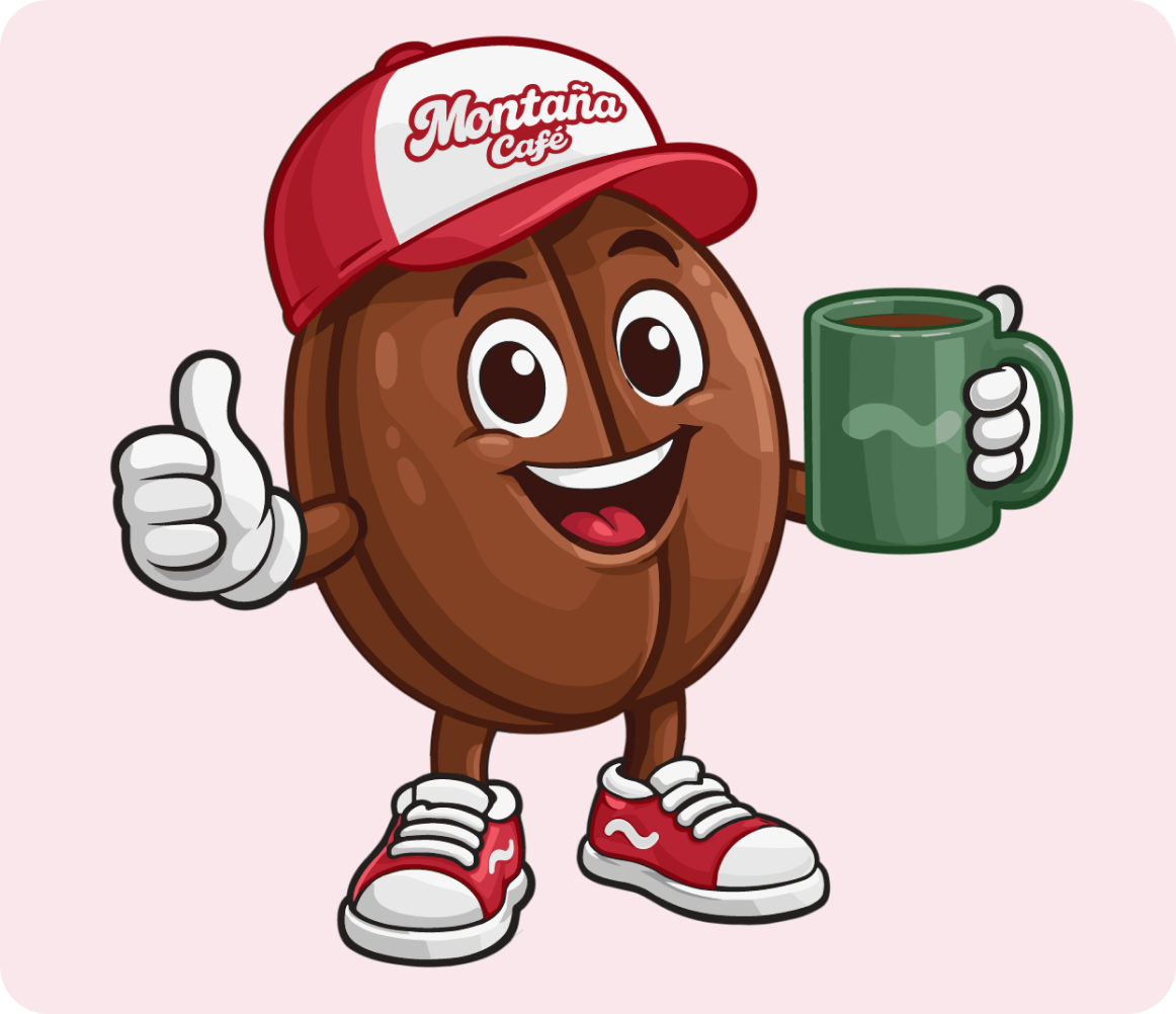 Maskot Tonda Montaña s hrnkem kávy