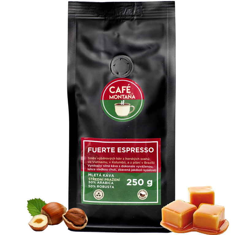 Café Montaña Fuerte Espresso, mletá káva Velikost balení: 250g, Hrubost mletí: French press