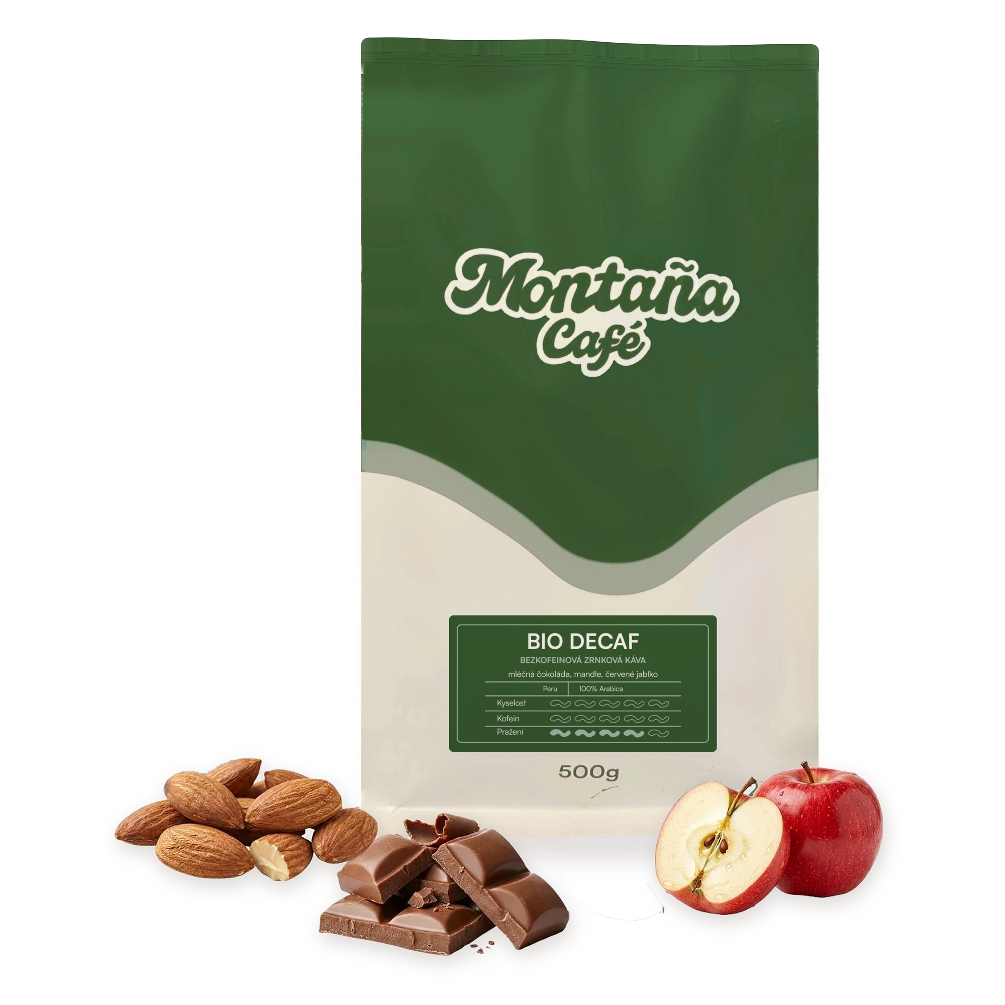 Montaña Café Bio Decaf, bezkofeinová zrnková bio káva Velikost balení: 500g