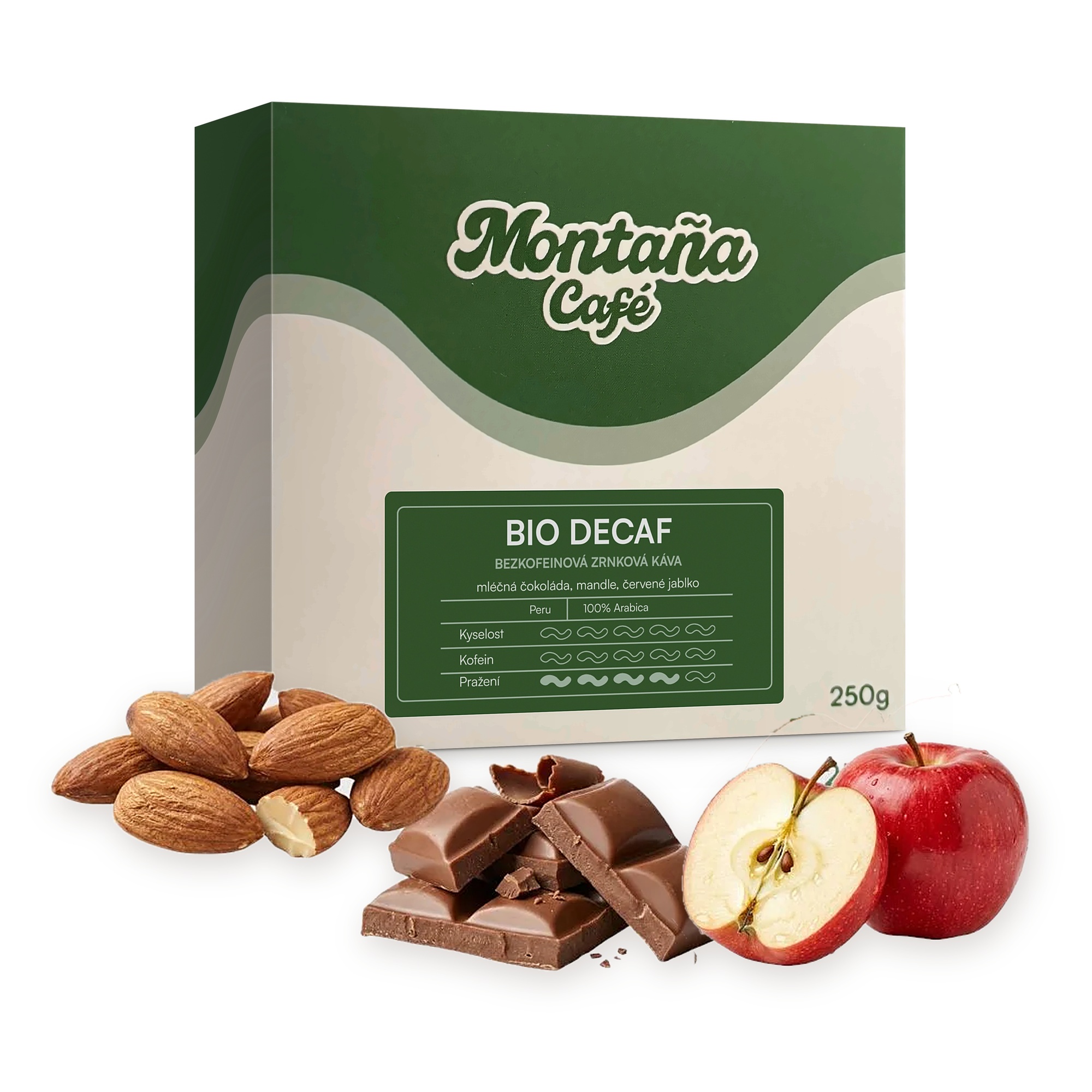 Montaña Café Bio Decaf, bezkofeinová zrnková bio káva Velikost balení: 250g