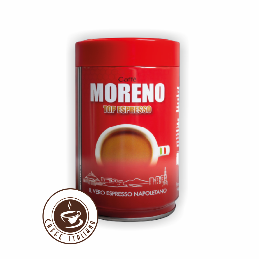 Caffe Moreno Top Espresso mletá káva 250 gr dóza  Minimálna doba trvanlivosti 31/08/2025 75% Arabica 25% Robusta