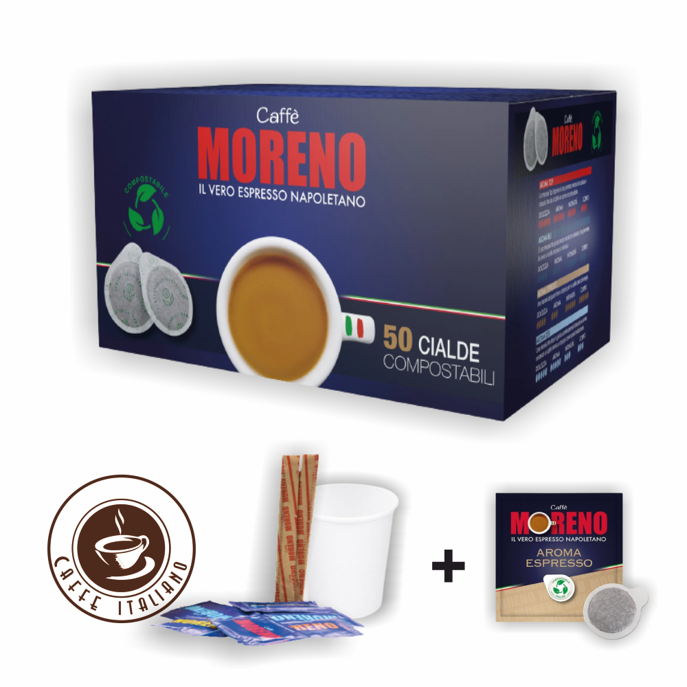 Caffe Moreno set e.s.e.pody Espresso Bar 50ks + pohár + miešatko + cukor  Minimálna doba trvanlivosti 30/9/2025 - 30% Arabica + 70% Robusta