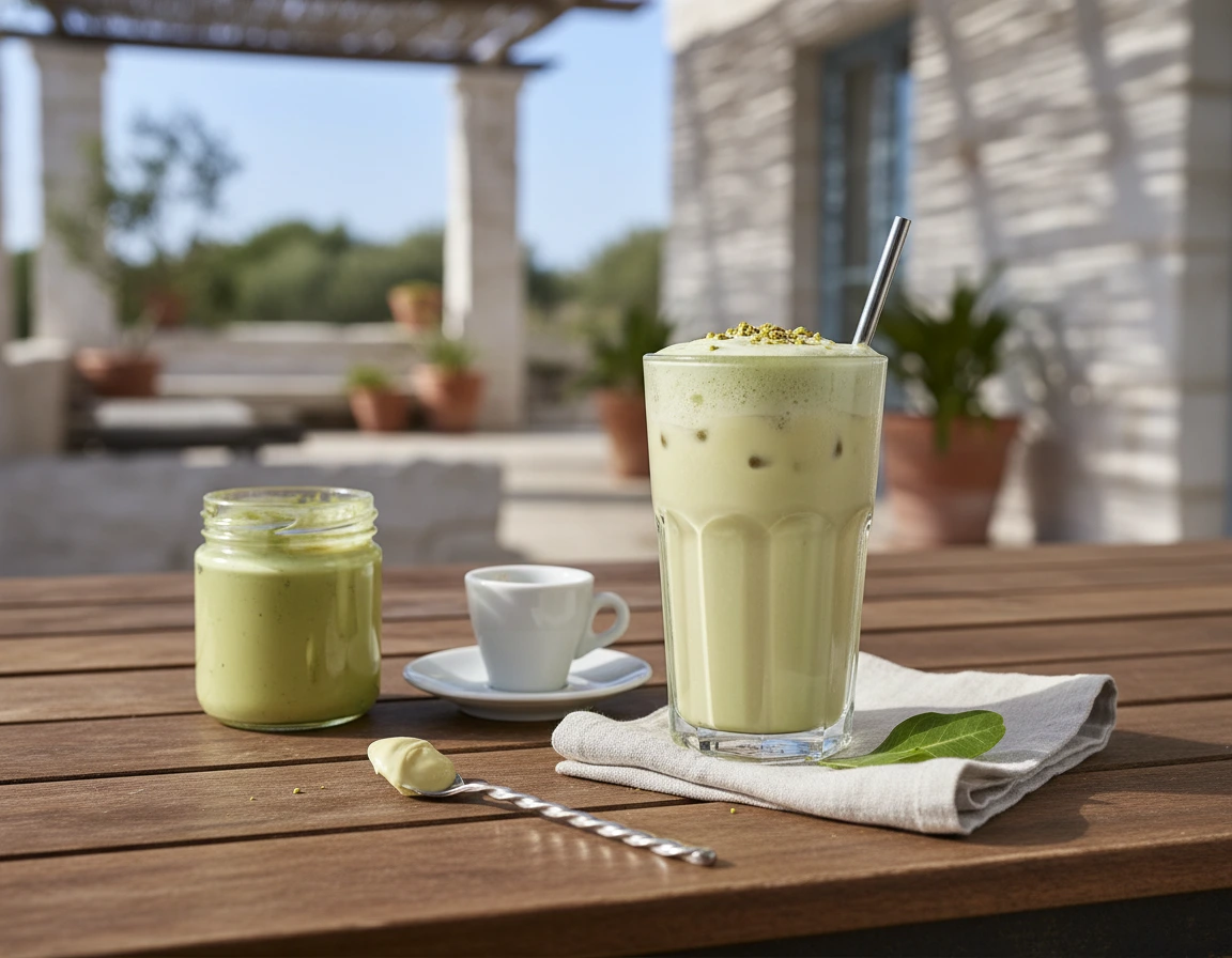 Pistáciové ledové latte s vanilkovou pěnou