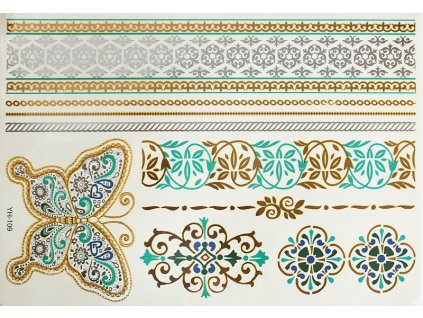 Metalické tetování zeleno zlaté Ornamenty a motýl YH109