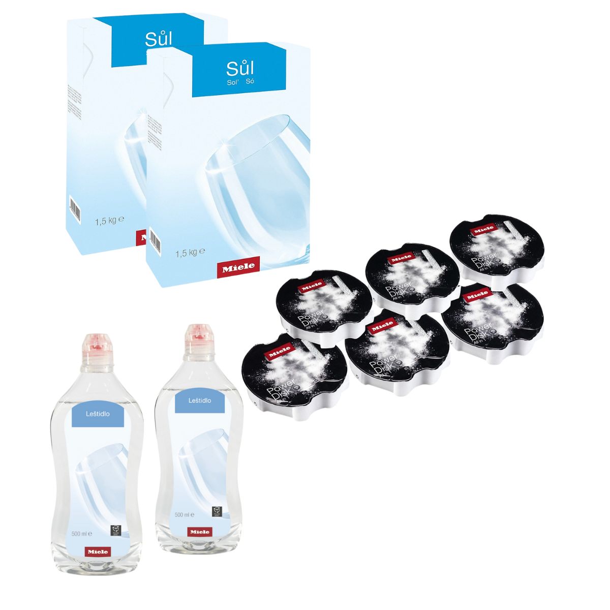 Miele SET 6x Miele PowerDisk + 2x Miele Sůl do myčky 1,5 kg + 2x Miele Leštidlo do myčky 500 ml