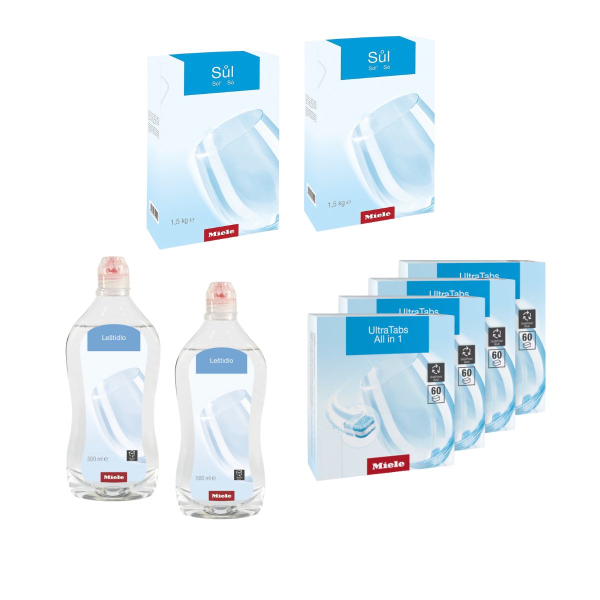 Miele Set Ultra Tabs Power 240 ks + 2x Sůl do myčky 1,5 kg + 2x Leštidlo 500 ml