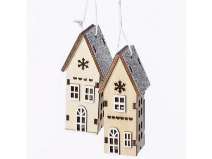 Záves drevený dom, natur a strieborný 3,2x3x7,5 cm