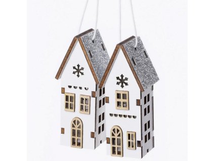 Záves drevený dom biely- strieborný, 3,2x3x7,5 cm