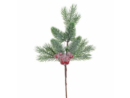 Vianočná zasnežená vetvička s červeými bobuľami, 32 cm