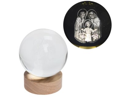 Led guľa- Svätá rodina- sklo na drevenom podstavci s podsvietením, 10 x 12 cm