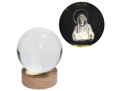 Led guľa- Panna Mária- sklo na drevenom podstavci s podsvietením, 10 x 12 cm