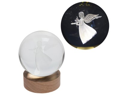 Led guľa- Anjel- sklo na drevenom podstavci s podsvietením, 10 x 12 cm