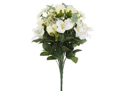 Kytica ruža, alstromeria, margaréta, drobné kvietky biela 44 cm