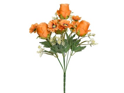Umelá  kytica ruža a anemon 45 cm oranžová